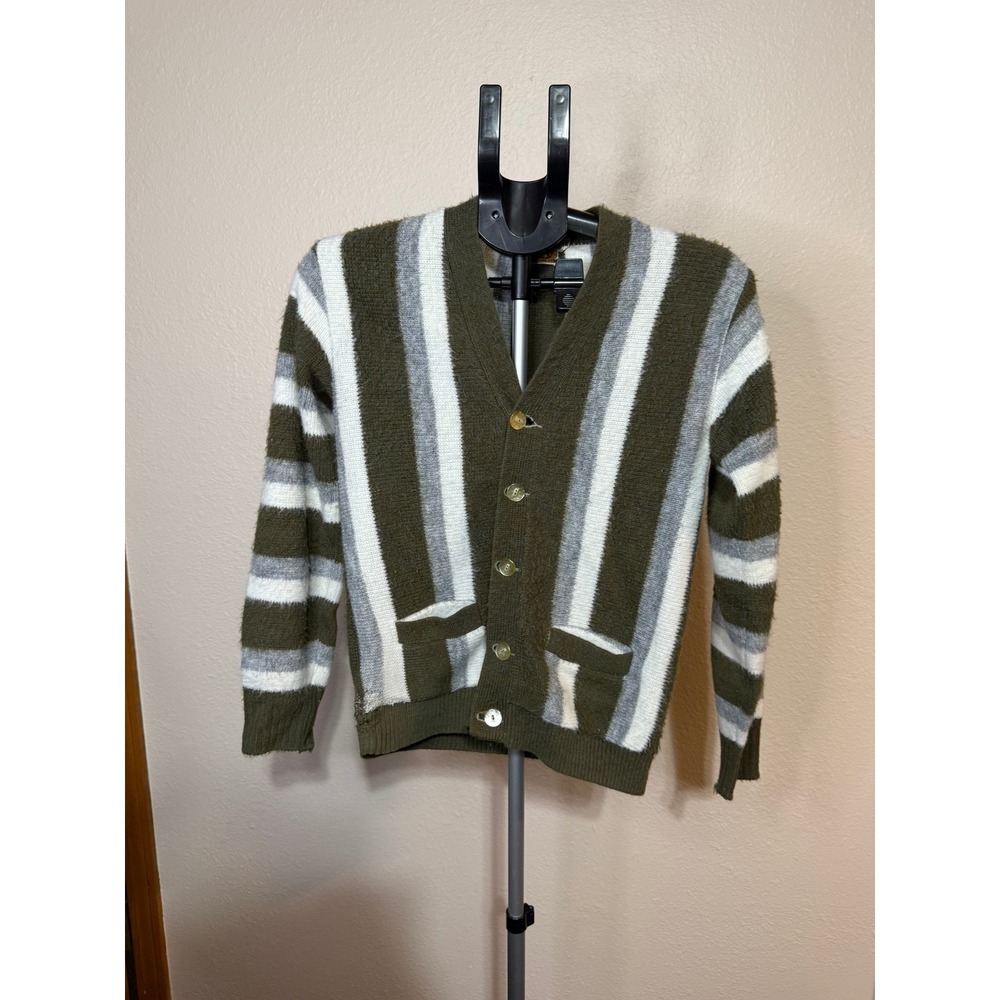 Vintage Orlon by Campus Striped Cardigan Sweater Olive Green Grey White Size 16